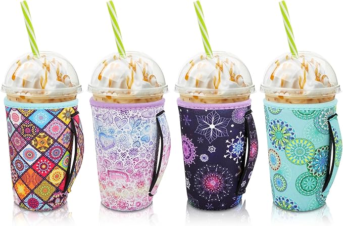 4Pack Reusable Iced Coffee Sleeve Insulator Sleeves for Cold Drinks Beverages, Neoprene Cup Holder for Most Coffee, Fits 22-24oz Medium Cups (Mandala with Handle)