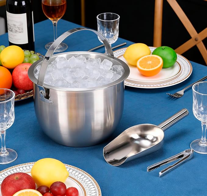 Ice Bucket, Stainless Steel Champagne Bucket with Lid, Double Handles, Scoop & Tongs Set, Drink Cooler for Parties, Wedding, Bar Cart, Patio, Holiday Hosting, New Year Toasts, for Home Entertaining