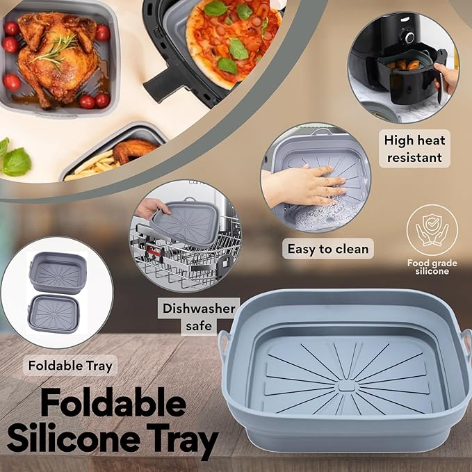 SAMIA 4 Piece Reusable Air Fryer Liners Set | 8 Inch Silicone Air Fryer Liners with Collapsible Design, Basting Brush, and Food Tong – Non-Stick, Dishwasher Safe, Air Fryer Accessories for Cooking