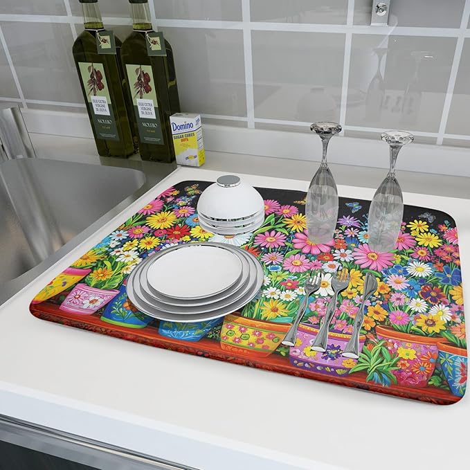 Vintage Flowers Dish Drying Mats Spring Floral Drying Matt Kitchen Counter 18x24