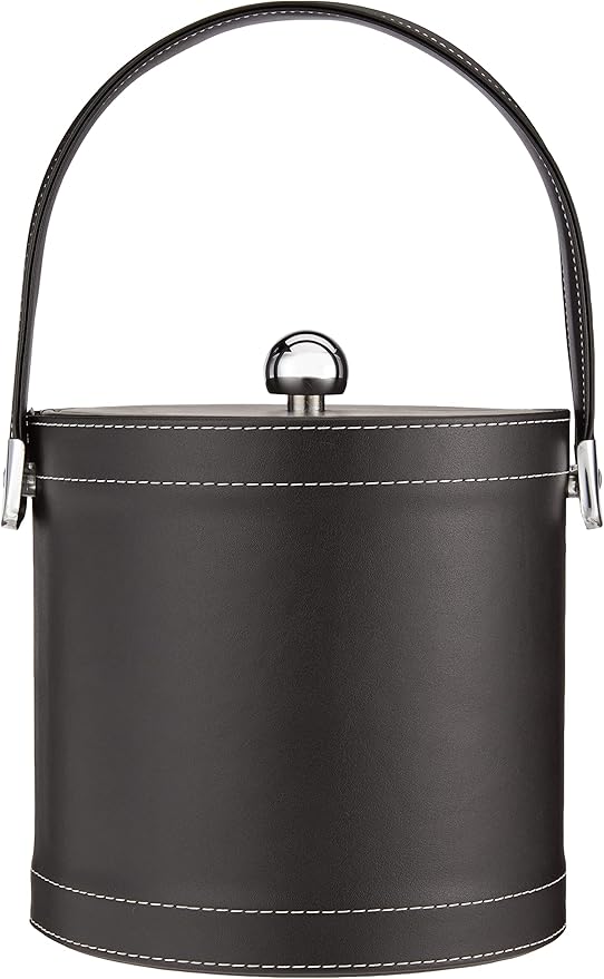 Kraftware Ice Bucket with Stitched Handle, Fabric Lid and Chrome Astro Ball Knob, Black - 3 Quart