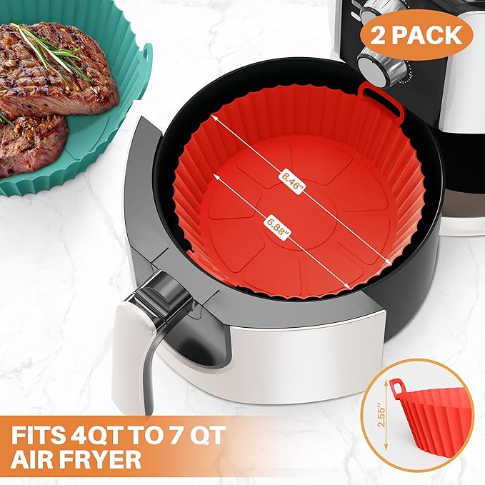 ME.FAN Air Fryer Silicone Liners for 4 to 7 QT [2 Pack] Reusable Air Fryer Basket with Handles & Holes Red