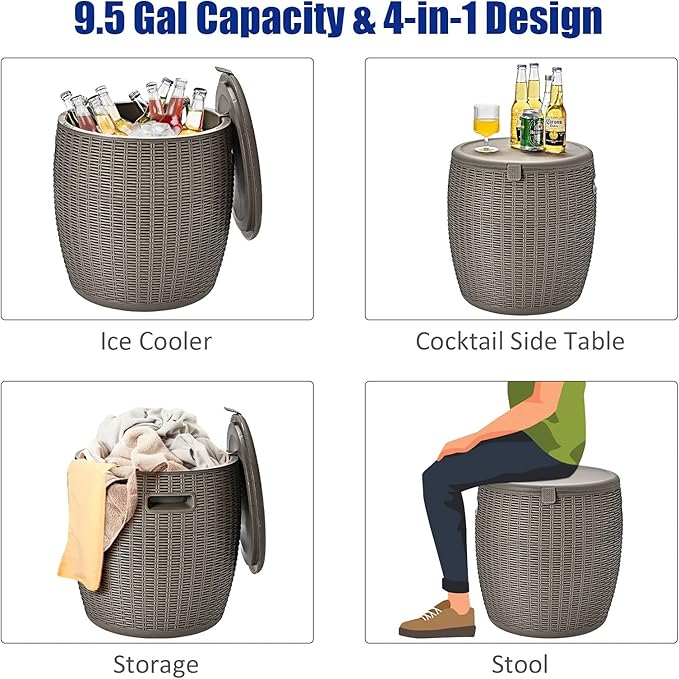 Giantex 9.5 Gallon Ice Cooler, Wicker Round Ice Chest, Outdoor Beer Wine Ice Bucket, Top Lid Side Handles Drainage Plug, Weather-resistant Patio Cool Bar Table for Cocktail Party Poolside Deck