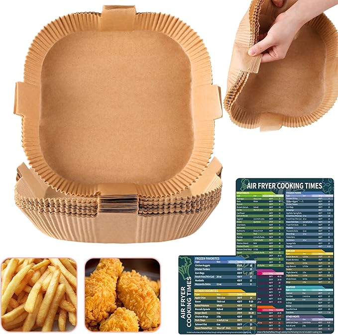 Air Fryer Disposable Paper Liner, Square Parchment Cooking Non-Stick, Baking Roasting Food Grade Paper for Air Fryer, Microwave Oven, Frying Pan, Oil-proof, Water-proof (200PCS 6.3 Inch Natural)