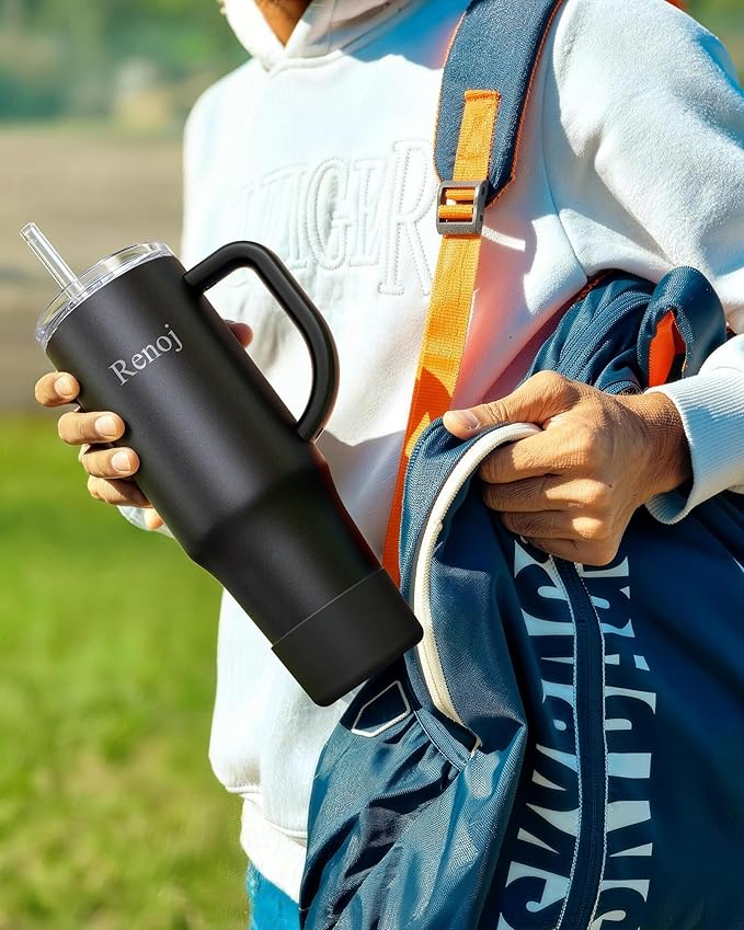 Renoj Insulated Mug 100% Spill Resistant Insulated Water Bottle for Iced Coffee & Hot Drinks - Fits Car Cup Holder, Ideal Gift, 2 Straws & Silicone Boot - FlexSlide White 40 oz