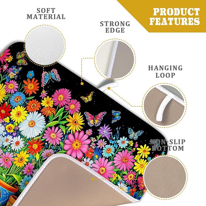 Colorful Floral Dish Drying Mat 16 X 18 Black Spring Flowers Absorbent Microfiber Kitchen Decor Counter Mats