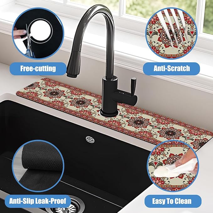 Sink Faucet Absorbing Mat Red Retro Boho Sink Splash Guard Drying Mat for Kitchen Bathroom Faucet Sinkmat 23.5"X5.5"