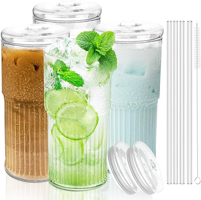 Luiaiog Glass Cups with Lids and Glass Straws, High Borosilicate 20OZ Tumblers (4Pcs) for Coffee, Tea, Juice, Smoothies, Hot/Cold Drinks at Home, Office