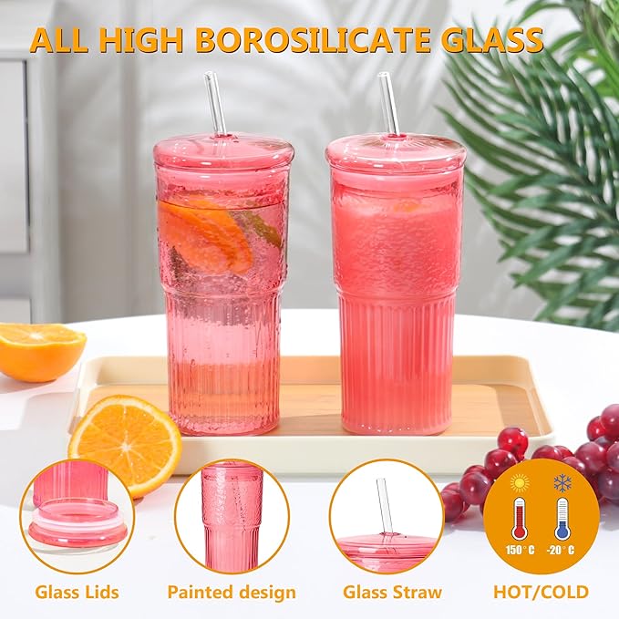 QWEZXO 20 OZ Glass Cup with Lids and Glass Straws, High Borosilicate Iced Coffee Glass Tumblers with Lid and Straw for Drinks, 2pcs Reusable Wide Mouth Smoothie Cup(Red)