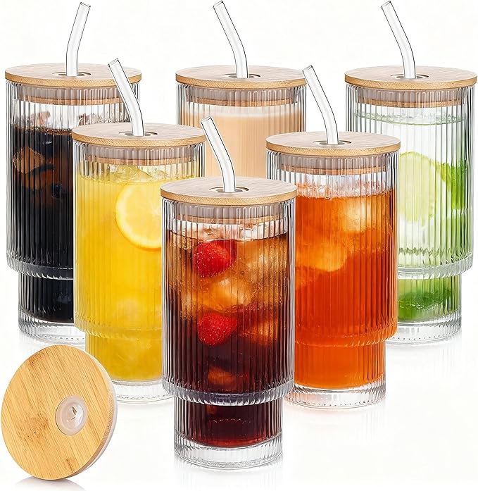 6 Pack Glass Cups with Lids and Straws, 16oz Ribbed Drinking Glasses Tumblers Durable Drinkware Water Glasses Cup Ideal Gift for Home, Kitchen, Office