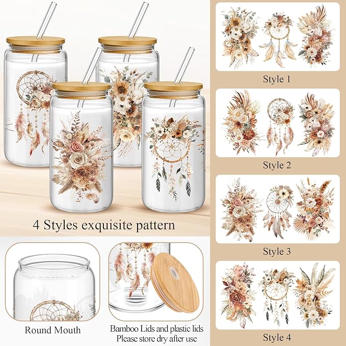 Mumufy 4 Pack Bridesmaid Gift Glass Cups, Cute Flower Mason Jars with Bamboo Lids & Straws, 16oz Iced Coffee Tumblers for Wedding, Bridal Party, Birthday, Mother's Day(Brown Spring)