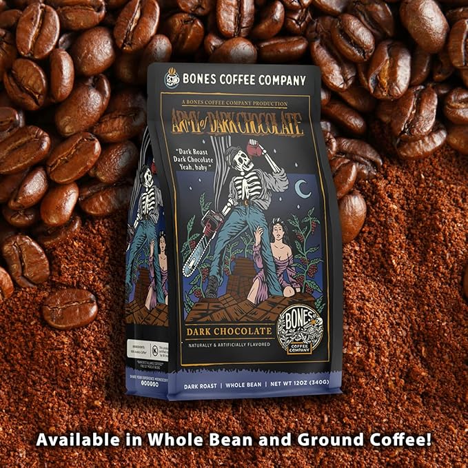 Bones Coffee Company Army of the Dark Chocolate Flavored Coffee, Medium Roast Low Acid Arabica Beans Compatible with Auto drip and French Press Coffee Maker, 12 Oz Ground