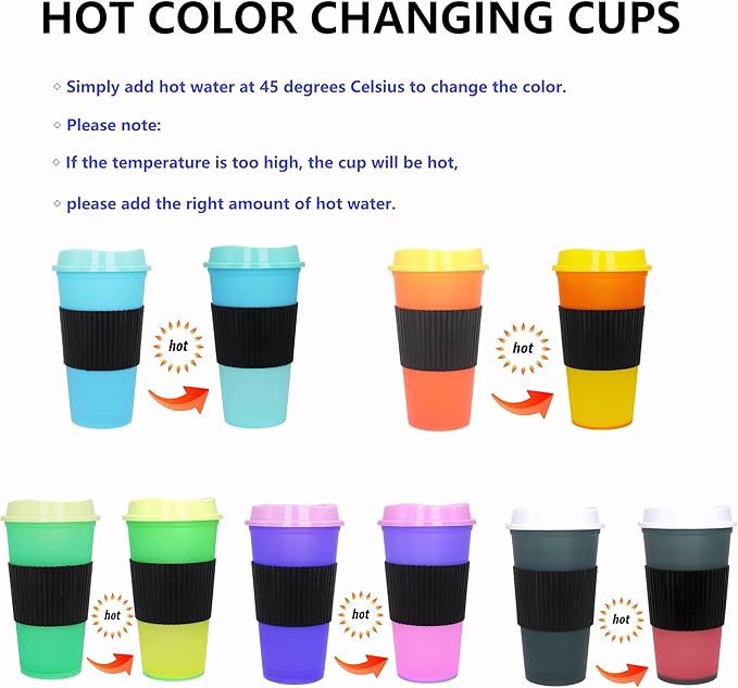 Color Changing Coffee Cups, 16oz Reusable Coffee Cups with Lids, 12 Pack Hot Coffee Tumbler for Adult Party Favors, Leak-Proof and Safe for Dishwashers (Hot coffee, 12 Pack)
