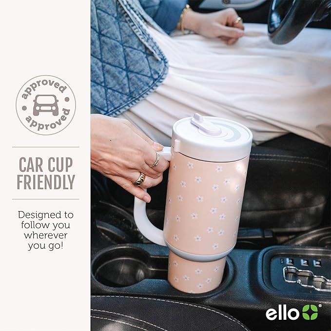 Ello Oasis 40 oz Tumbler with Handle & Retracting Straw | Reusable Insulated Stainless Steel Cup 100% Leakproof, Gifts for Teens Women Men | Keeps cold for 24 Hours, Cup Holder Friendly, Cream Tonal