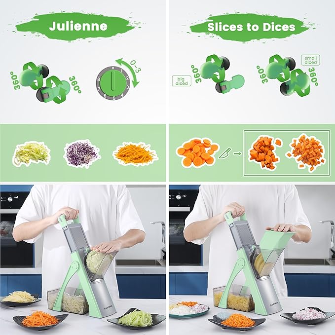 SUPMAKIN Safe Mandoline Slicer, Adjustable Vegetable Food Slicer and Chopper, Potato Fries Fry Cutter, Veggie Salad Chopper, New Kitchen Chopping Artifact Gifts 2024 (MC Green)
