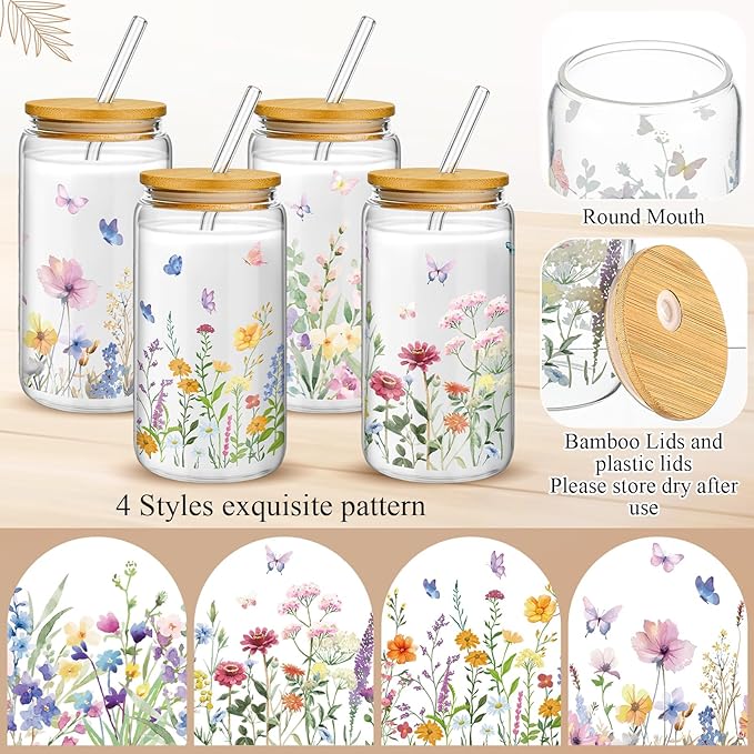 Mumufy 8 Pack Gift for Women Wild Flower Glass Cup Tumbler Butterfly Iced Coffee Mugs 16 oz Glass with Bamboo Lid & Straw, Christmas Mothers Day Birthday Gift for Mom Sister Bridesmaid Baby Shower