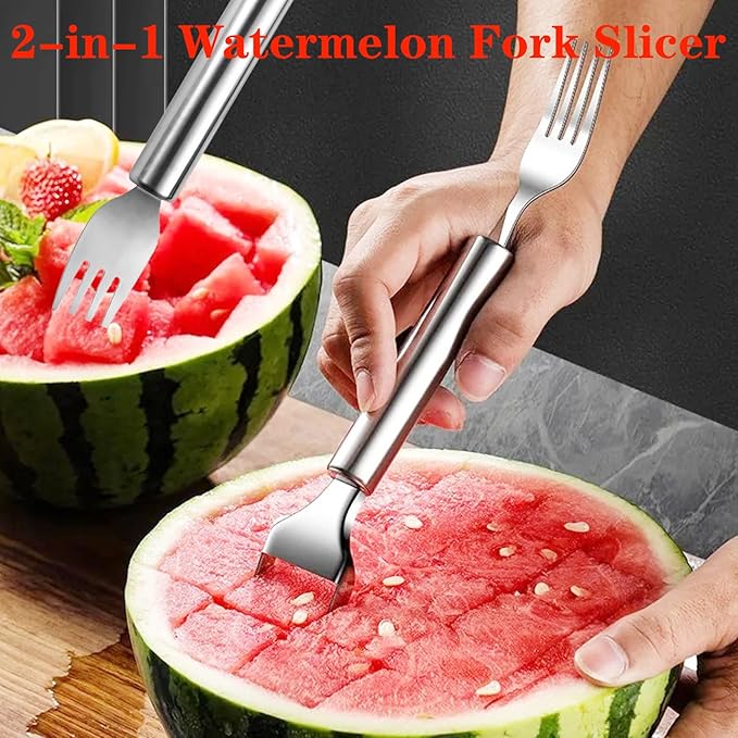 2-in-1 Stainless Steel Fruit Cutter, Watermelon Fork Slicer Cutter, Dual Head Watermelon Cuber Cutting Tool Knife Summer Fruit Cutting Fork for Home Party Camping Kitchen Gadget