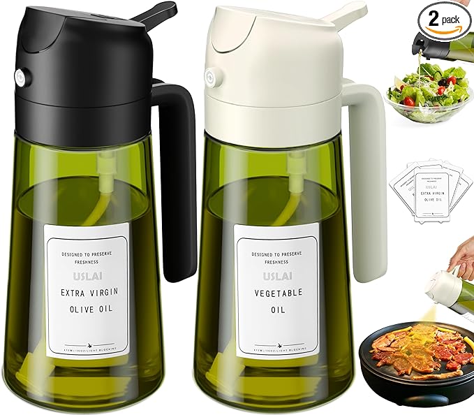 USLAI Oil Sprayer for Cooking, 16oz/470ml 2 in 1 Glass Olive Oil Dispenser Bottle for Kitchen, Air Fryer, BBQ and Salad - Black White