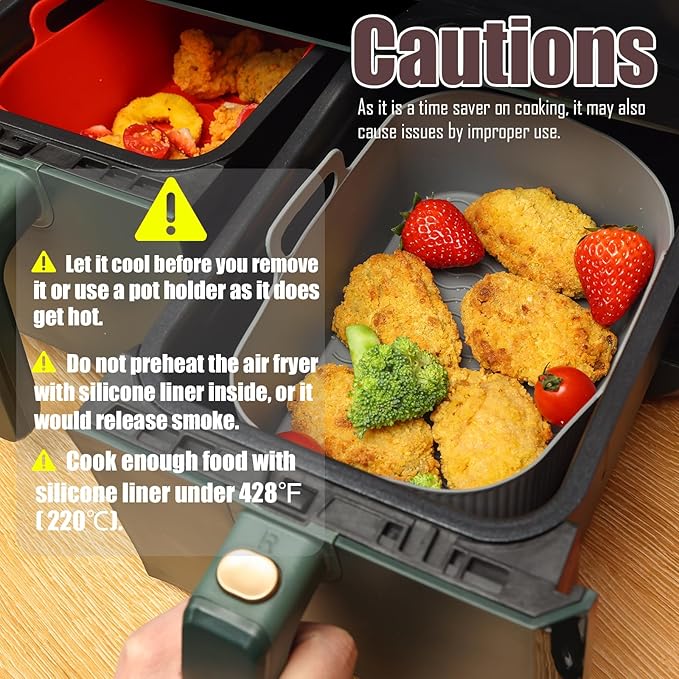 Golden Associate Silicone Liners Rectangle 2 Pcs for Air Fryer Dual Basket 8 to 10 Qt, Food-grade Reusable Baking Tray Fit Ninja DZ201 DZ401 DZ550, 4 to 5 Qt Each, Double Zone Airfryer Accessories