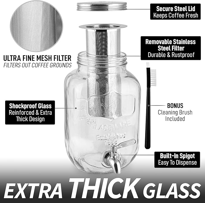 Zulay 1 Gallon Glass Drink Dispenser for Parties – with Spout Lid and Stainless Steel Filter – Leak-Resistant Beverage Dispenser for Events – Lemonade Iced & Sun Tea Infused Water & Juice Dispenser