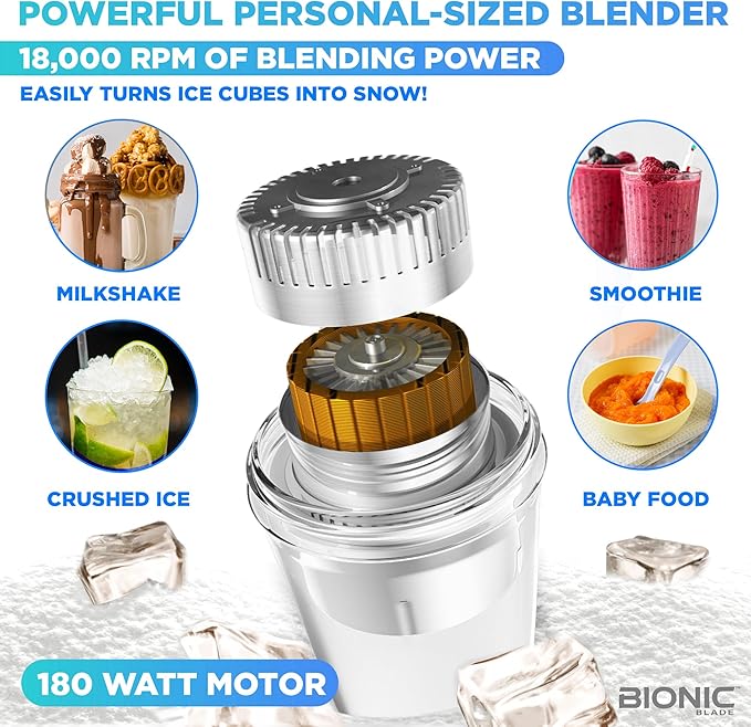 Bionic Blade Mini Portable Blender Juicer Bottle 26.5 oz, BPA-Free - Cordless & Rechargeable, Travel-Friendly Size for Smoothies, Shakes, Juices, Home & Kitchen Essentials, White, As Seen on TV