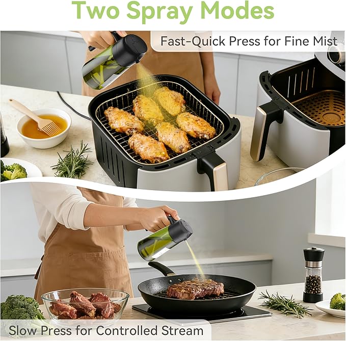 USLAI Oil Sprayer for Cooking, 16oz/470ml 2 in 1 Glass Olive Oil Dispenser Bottle for Kitchen, Air Fryer, BBQ and Salad - Green