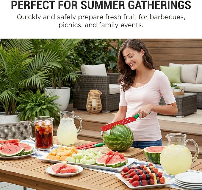 Watermelon Knife with Sleeve for Melon Cutting, Long Serrated Bread Lettuce Vegetable Knife, Kitchen Fruit Melon Tomato Cutter Slicer, with Cover for Home Summer Party Camping Outdoor (Red Green)
