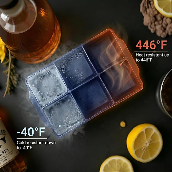 KitchFort Large Silicone Ice Cube Tray (2-Pack), Easy Release 2" Big Ice Cubes - Cocktail, Whiskey Ice Cubes Mold - Ice Trays for Freezer with Lid - Stackable Silicone Ice Tray - Navy Blue