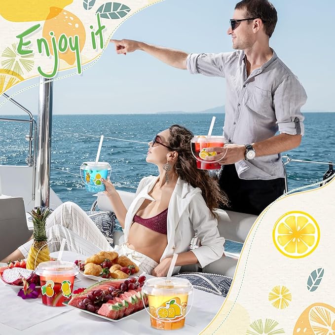 Funnymoom 50 Set Lemonade Buckets with Lids and Straws 24oz Clear Plastic Drink Cups Disposable Rum Cocktail Drinking Pails with Handles Bulk for Summer Lemon Themed Wedding Birthday Party Supplies