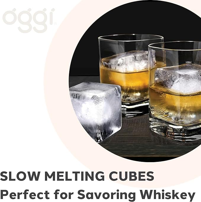 OGGI Ice Cube Tray, Pack of 2 Ice Cube Trays, Large Ice Cube Maker, Flexible 6 Cavity Silicone Ice Cube Trays for Freezer, Slow Melting Big Ice Cubes for Whiskey, Cocktails & Juices, BPA Free - Gray