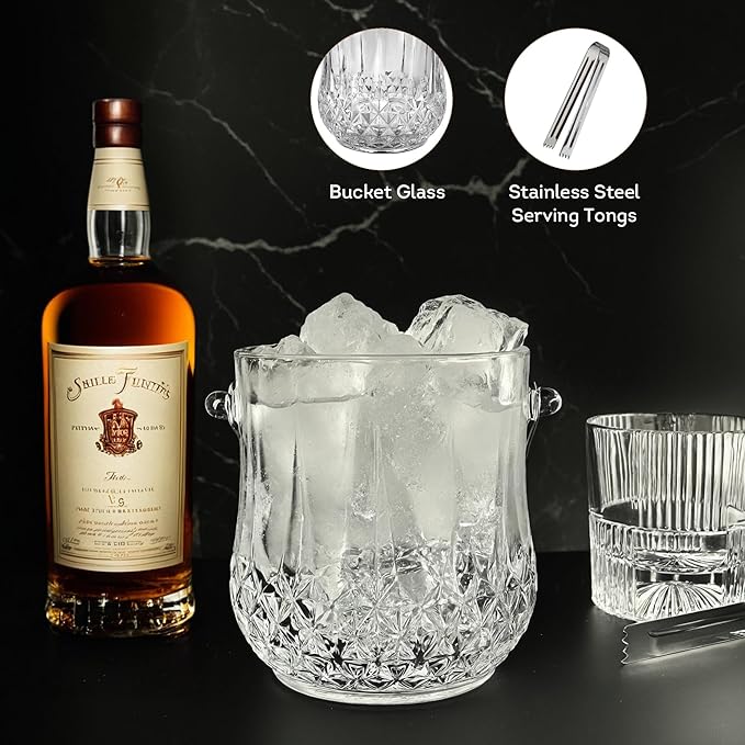 Lily's Home 1000ml -4.62" L x 4.62" W x 8.5" H - Glass Ice Bucket with Handle and Stainless Steel Tongs, Sparkling Ice Buckets, for Party,Wine Home Bar, Beer, Champagne, Cocktail Bar, Mini & Portable