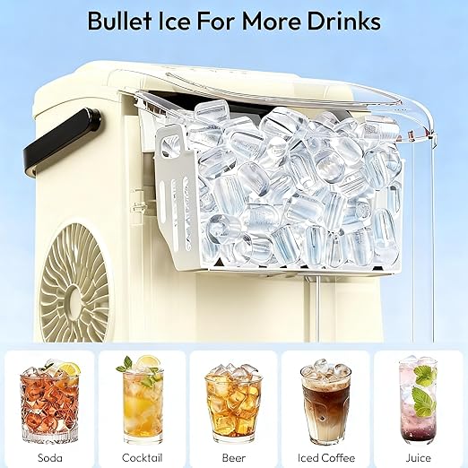 Small Portable Countertop Ice Maker, 26lbs/24H Ice Machine with Self-Cleaning, 6-8 Mins Fast Ice Making,Quiet Operation, Compact Ice Maker with Handle for Home Kitchen Camping RV (Beige, 26lbs)
