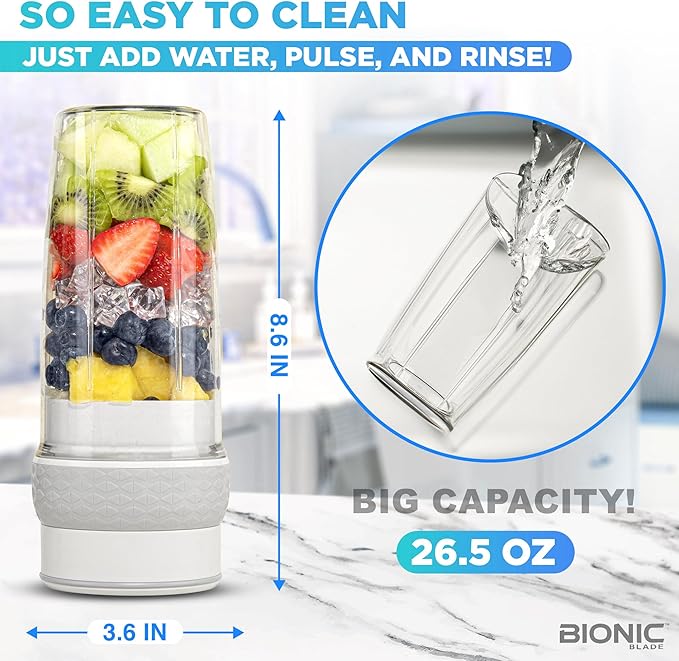 Bionic Blade Mini Portable Blender Juicer Bottle 26.5 oz, BPA-Free - Cordless & Rechargeable, Travel-Friendly Size for Smoothies, Shakes, Juices, Home & Kitchen Essentials, White, As Seen on TV