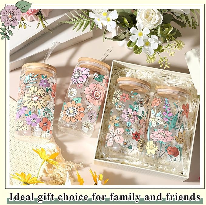 Mumufy 4 Pack Gift for Women Bohemian Flower Cute Glass Cup Tumbler Boho Floral Iced Coffee Mugs 16 oz Glass with Bamboo Lid & Straw, Mothers Day Birthday Gift for Mom Sister Bridesmaid Baby Shower