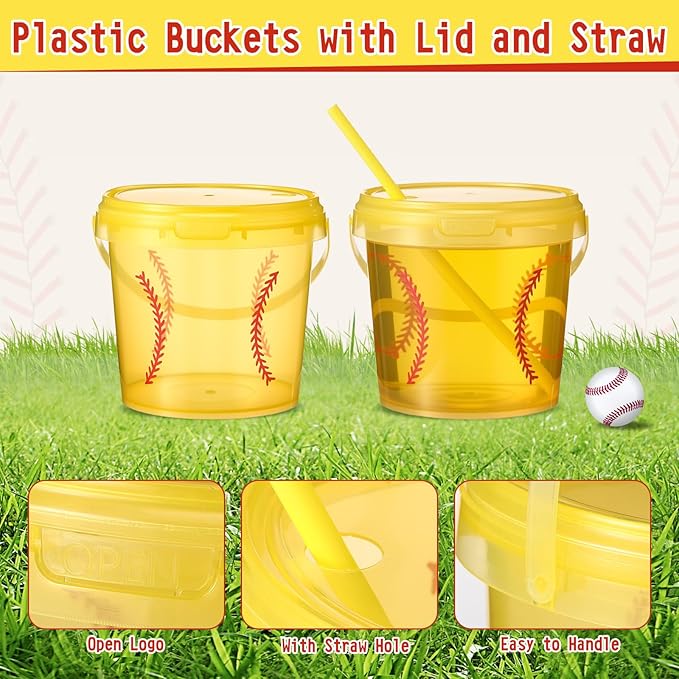 12 Set 25 oz Softball Plastic Drink Buckets with Straws Handles Lids Reusable Cocktail Rum Buckets 750ML Smoothie Milk Tea Cups Food Containers Pails Sport Party Supplies