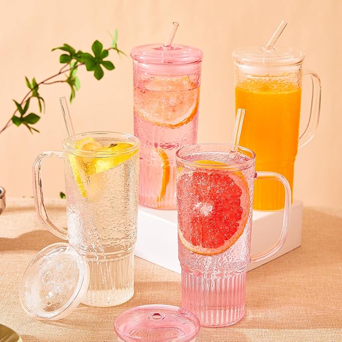 GOSCHE Glass Cups with Lids and Straws, 24oz Clear Iced Coffee Cups with Handle, Glass Tumbler with Straw and Lid for Smoothie Water Tea Juice, Clear, 2 Pack