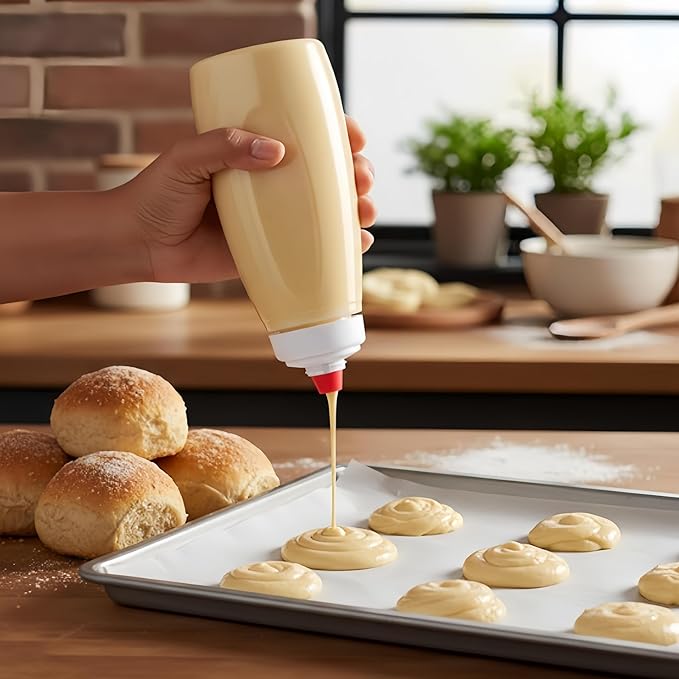 2Pack Leak proof 2-in-1 Pancake Battery Dispenser, Battery Mixer and Dispenser with Whisk Ball, with silicone spatula and spoon, easy to grip squeeze bottle for pancakes, waffles and baking