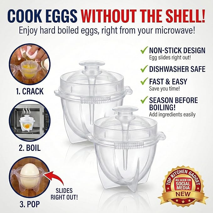 Microwave Egg Cooker (2 Pack), Rapid Hard Boiled Egg Maker & Poacher for Breakfast Sandwiches, BPA-Free Double Boiler Cups with Yolk Piercer, Non-Stick No Shell Peeling, Portable for Dorm & Office, Transparent