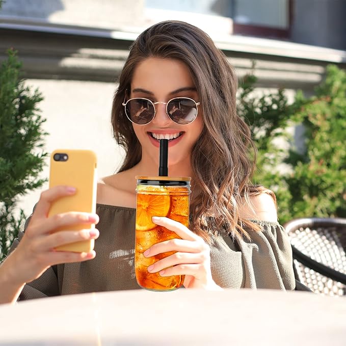 Glass Tumbler with Lids and Straws 2 Pack, 24oz Glass Drinking Jars with Lids and Straws,Reusable Wide Mouth Mason Jar Iced Coffee Cup,Smoothie Cup Coffee Travel Mug for Car/Home