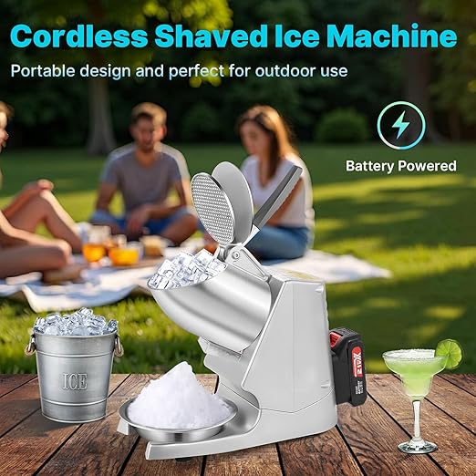178Ibs/h Cordless Portable Ice Shaver Machine with Dual Blade, Dual Batteries &Ice Pick, 180W Battery Powered Ice Cusher Machine for Home Use &Outdoor (Backyard & Patio), Extra Blades, Silver