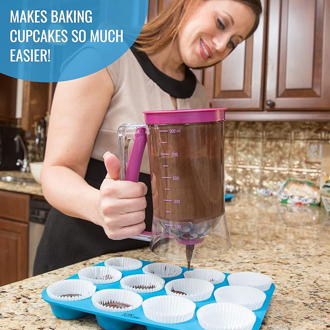 KPKitchen Pancake Batter Dispenser and Pancake Spatula Flipper - Perfect Baking Tool for Cupcakes, Waffles, Crepes, Cake or Any Baked Goods (Purple) - Heat Resistant Wide Spatula Perfect for Pancakes
