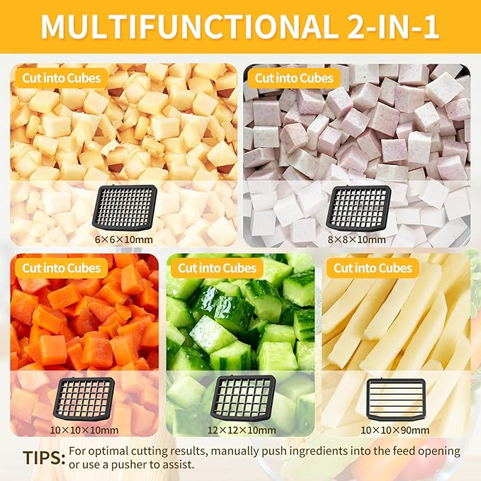 2-In-1 Electric Vegetable Dicer Strip Cutter, 200W Electric Vegetable Chopper with 4 Size Dicing Blades & Strip Cutter Blade, Food Processor Cutter Machine for Commercial & Home Use
