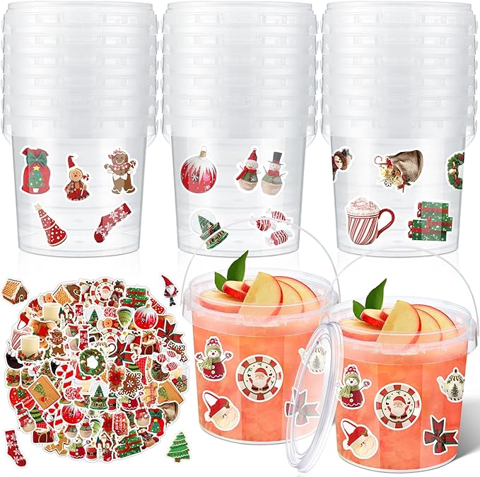 PerKoop 20 Pcs 32 oz Ice Cream Buckets with Lids and Handles Clear Cocktail Rum Buckets with Stickers Plastic Transparent Tub Reusable Food Storage Containers for Parties(Xmas)