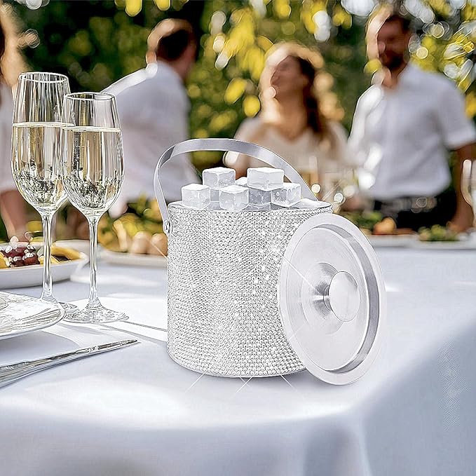 Bling Double Walled Stainless Steel Ice Bucket with Ice Tong & Lid [2 Liter] ，Shiny Insulated Ice Bucket Included Strainer Keeps Ice Cold & Dry, for Home Bar, Chilling Beer, Champagne, Red Wine