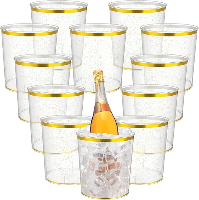 Ice Buckets Bulk, 6 Liter Plastic Round Ice Buckets, Disposable Storage Drink Tub or Party Bar Wine Beer Champagne Beverage Bottle Cooler(Clear,Gold Rim and Glitter,12 Pcs)