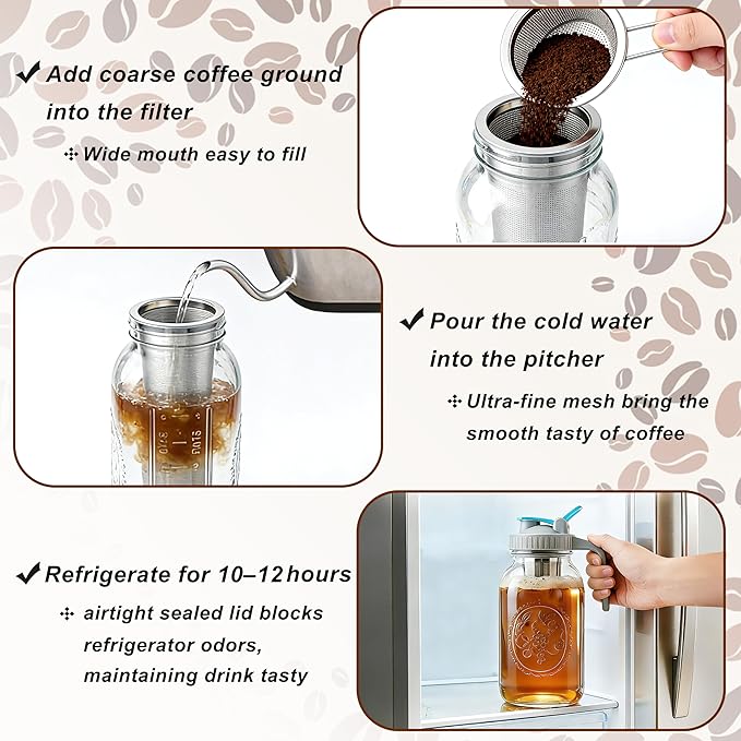 Mason Jar Cold Brew Coffee Maker 64 OZ ( 2 Quart ) Wide Mouth Cold Brew Pitcher With Stainless Steel Fine Mesh Filter Airtight & Leakproof Mason Jar Pitche For Coffee, Iced Tea, Sun Tea, Lemonade