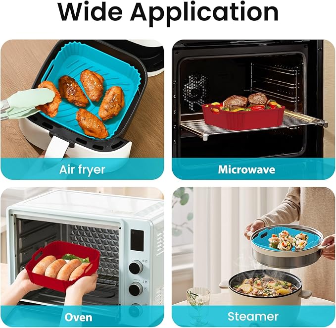 Redfly Air Fryer Silicone Liners, 9.3 Inch Square Airfryer Liners, Silicone Air Fryer Liners Reusable for 6-8 QT, Air Fryer Accessories Replacement for Parchment, Airfryer Liners Silicone Red&Blue