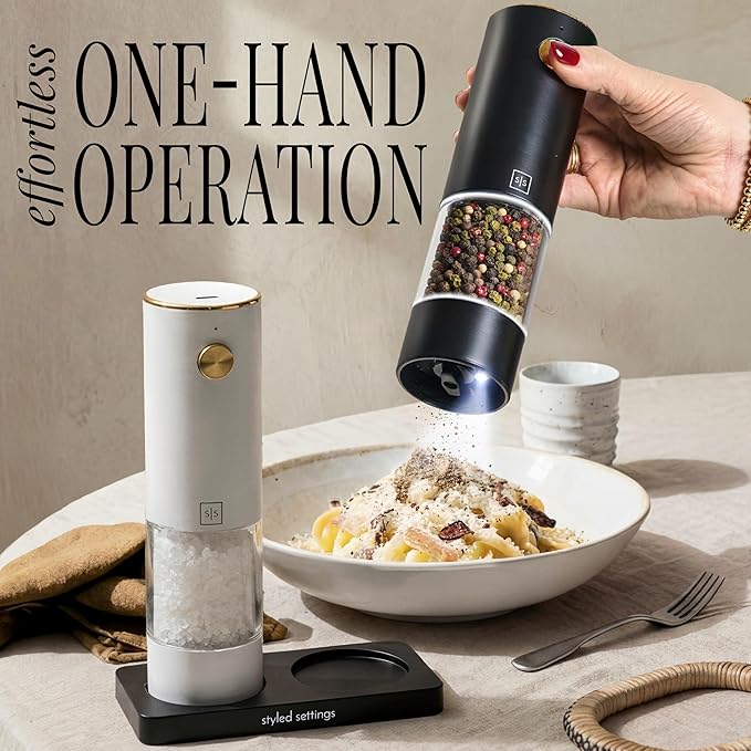 Rechargeable Electric Salt and Pepper Grinder Set – Sleek Stainless Steel White and Black Black Salt and Pepper Grinder Set with USB-C Charging, Adjustable Coarseness, LED Light, One Touch Control