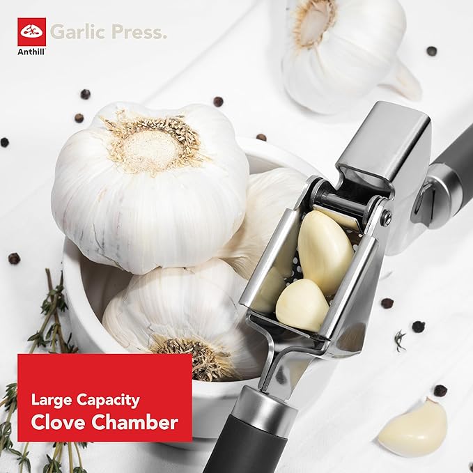 Anthill Premium – Heavy Duty Garlic Press - Stainless Steel – Rust proof – Dishwasher Safe – Garlic Mincer tool – Easy-Clean with Soft Grip Handle – Strong and Durable – Press Garlic with ease (Grey)