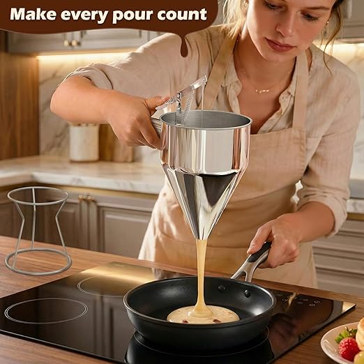 Pancake Batter Dispenser, Pancake Dispenser with 0.8 in Large Spout, Easy-Pour Cake Batter Funnel for Thick Mix with Fruits or Chocolate Chips, Stainless Steel Funnel for Home and Kitchen
